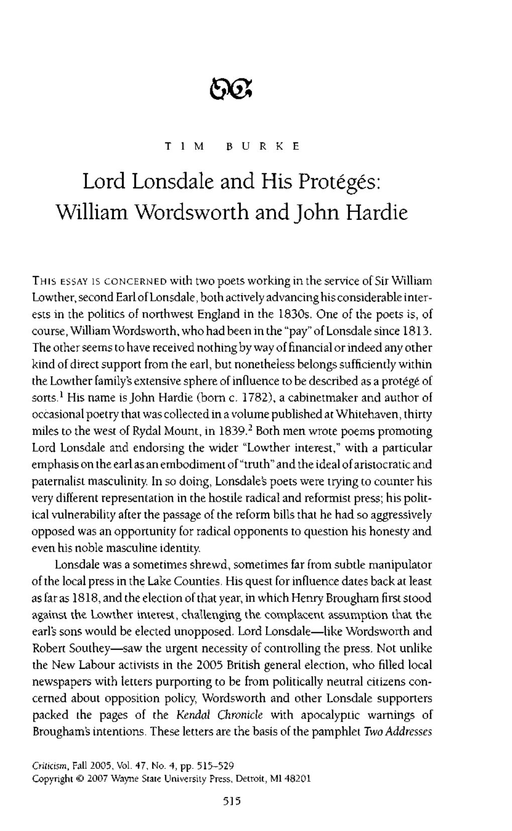 William Wordsworth and John Hardie