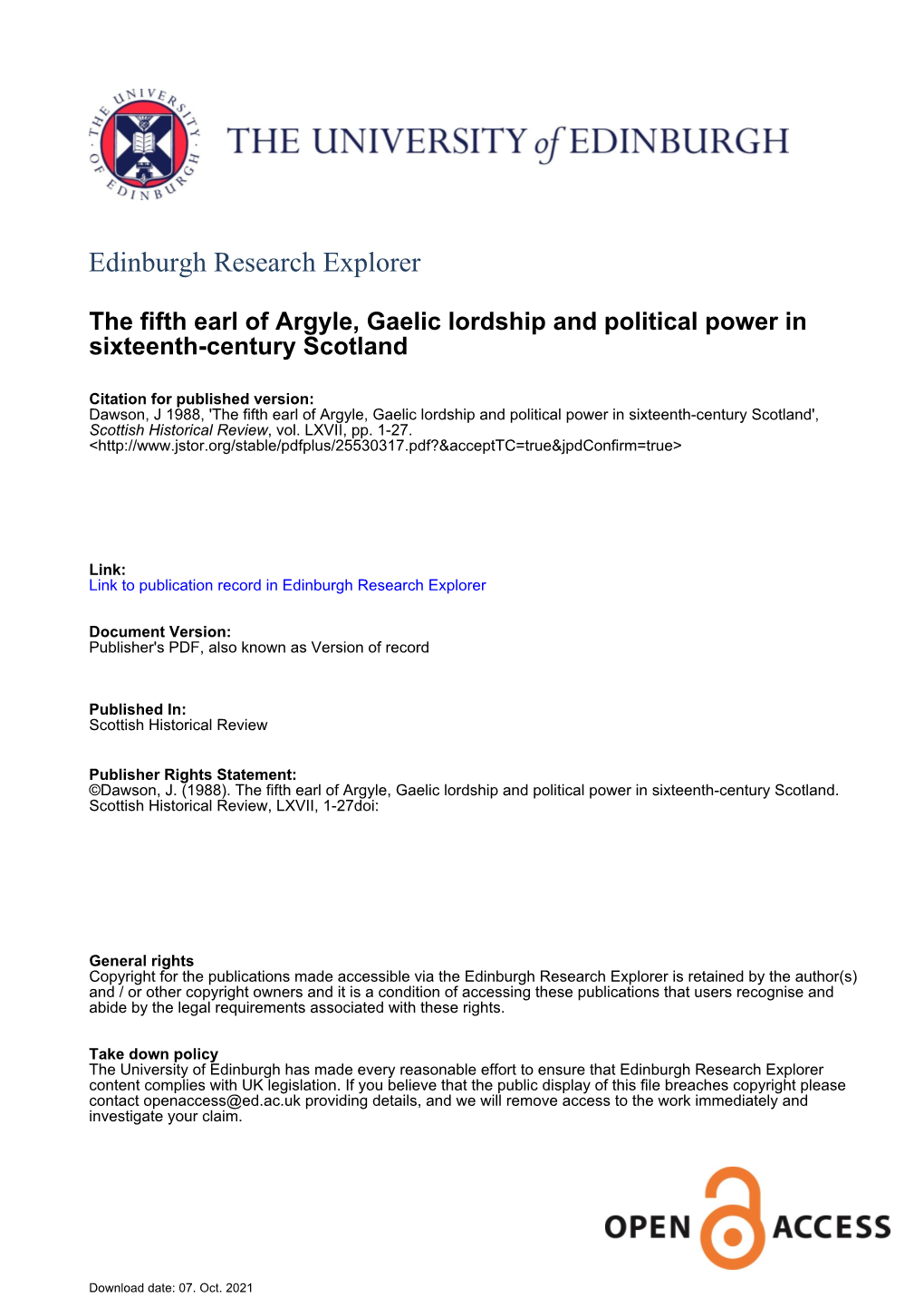 The Fifth Earl of Argyle, Gaelic Lordship and Political Power in Sixteenth-Century Scotland