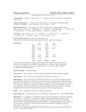 Magnesiocopiapite Mgfe4 (SO4)6(OH)2 20H2O C 2001-2005 Mineral Data Publishing, Version 1