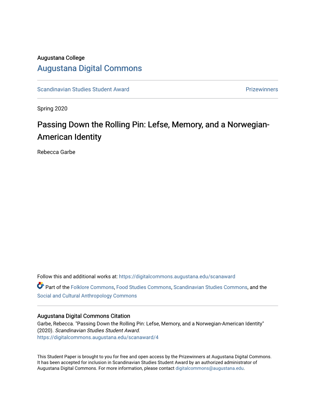 Lefse, Memory, and a Norwegian-American Identity" (2020)