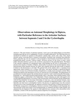 Observations on Antennal Morphology in Diptera, with Particular Reference to the Articular Surfaces Between Segments 2 and 3 in the Cyclorrhapha