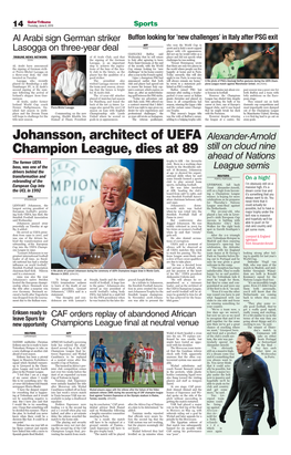 Johansson, Architect of UEFA Champion League, Dies at 89