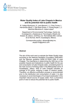 Water Quality Index of Lake Chapala in Mexico and Its Potential Risk to Public Health R