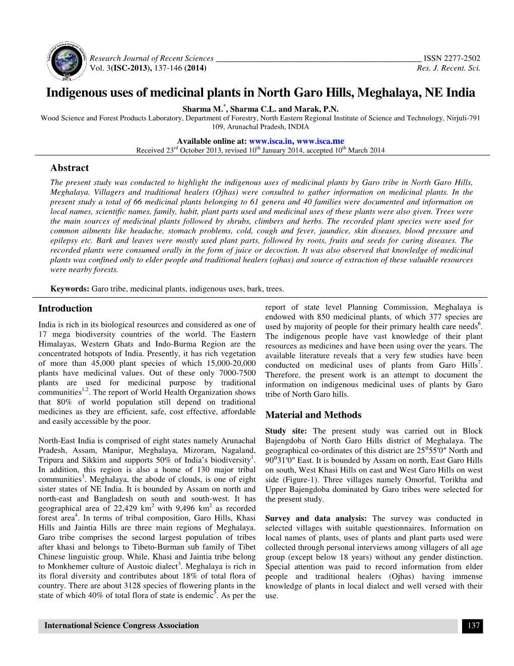 Indigenous Uses of Medicinal Plants in North Garo Hills, Meghalaya, NE India Sharma M