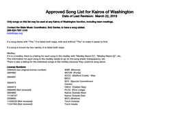 Approved Song List for Kairos of Washington Date of Last Revision: March 22, 2019