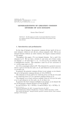 GENERALIZATIONS of GREATEST COMMON DIVISORS of GCD DOMAINS Sang-Cho Chung* 1. Introduction and Preliminaries in the Ring of Inte