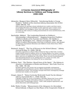 A Concise Annotated Bibliography of Library Services to Children and Young Adults: 1930-1939
