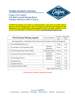 WORK SESSION AGENDA Casper City Council City Hall, Council Meeting Room Tuesday, March 23, 2021, 4:30 P.M