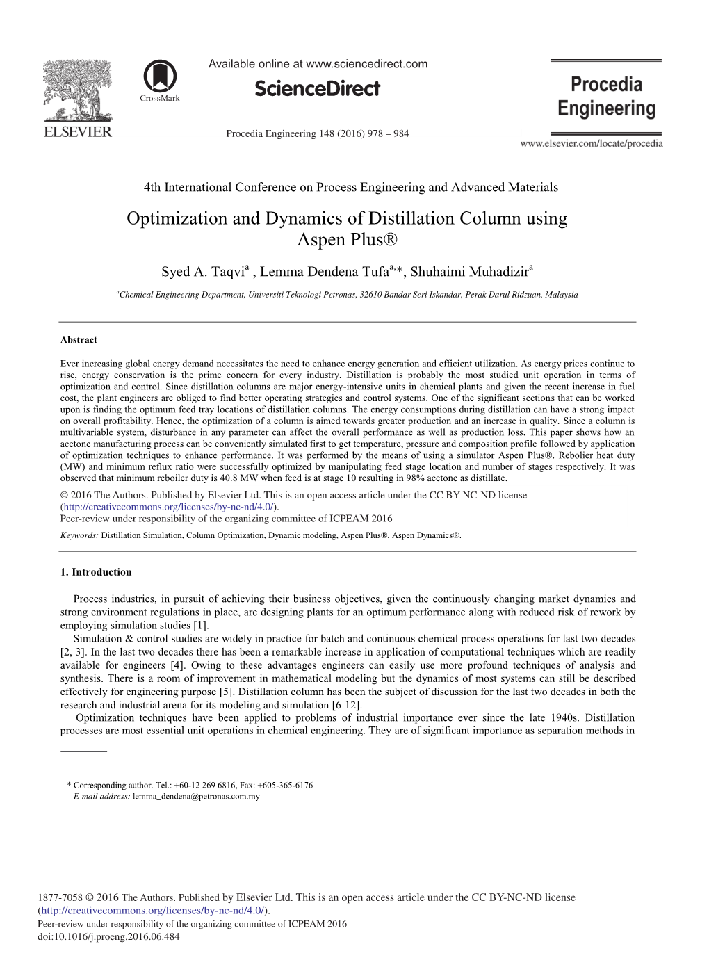 Optimization and Dynamics of Distillation Column Using Aspen Plus®