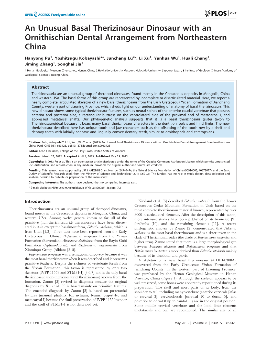 An Unusual Basal Therizinosaur Dinosaur with an Ornithischian Dental Arrangement from Northeastern China