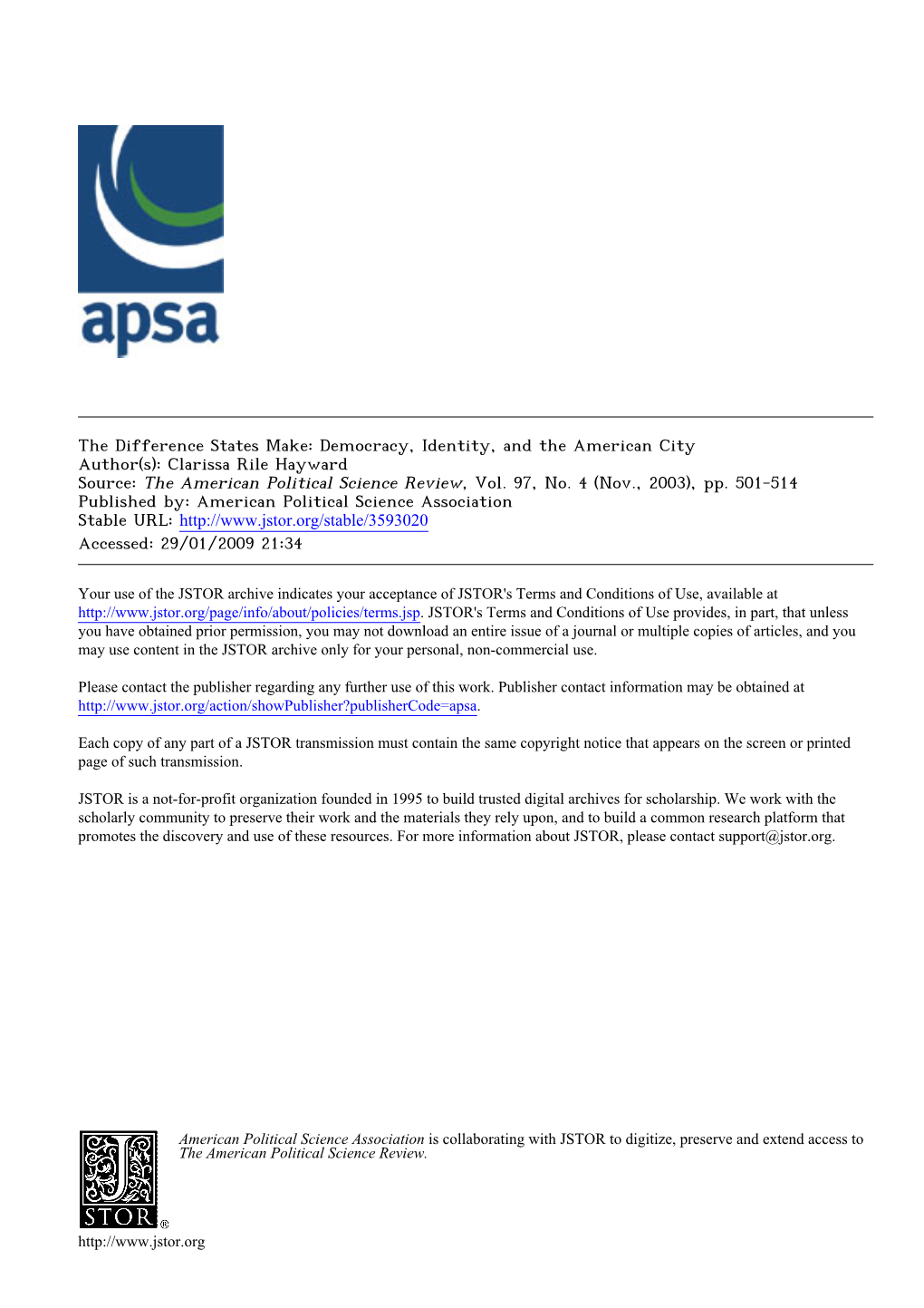 The Difference States Make: Democracy, Identity, and the American City Author(S): Clarissa Rile Hayward Source: the American Political Science Review, Vol