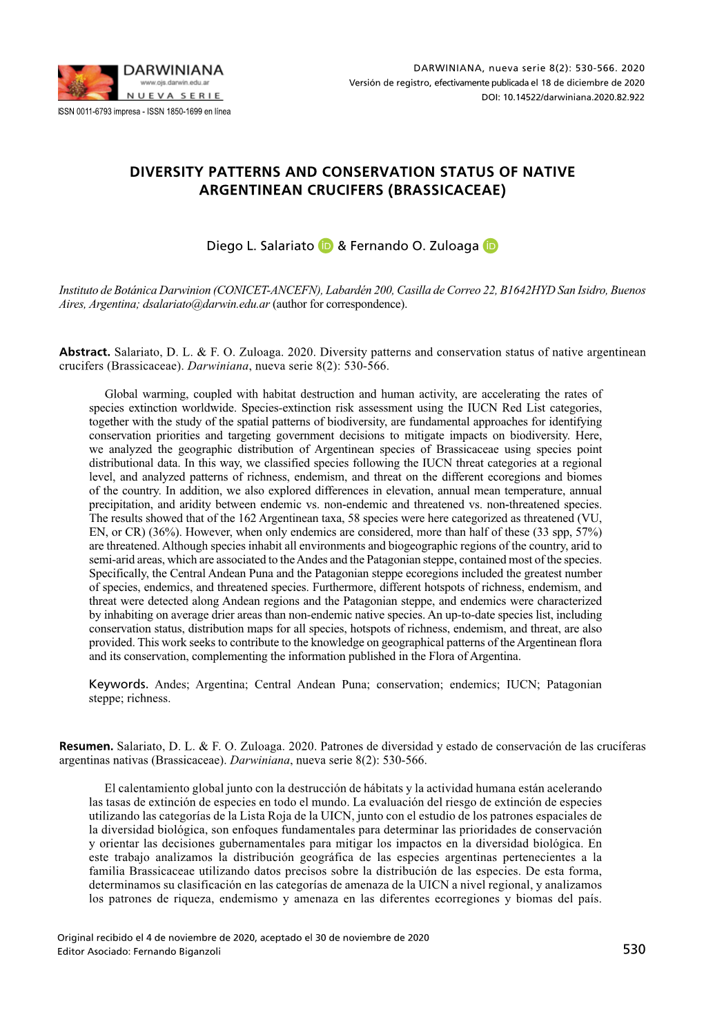 Diversity Patterns and Conservation Status of Native Argentinean Crucifers (Brassicaceae)