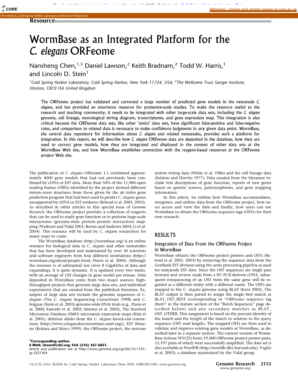 Wormbase As an Integrated Platform for the C. Elegans Orfeome