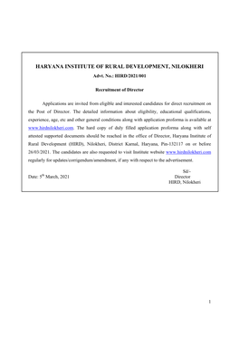 HARYANA INSTITUTE of RURAL DEVELOPMENT, NILOKHERI Advt