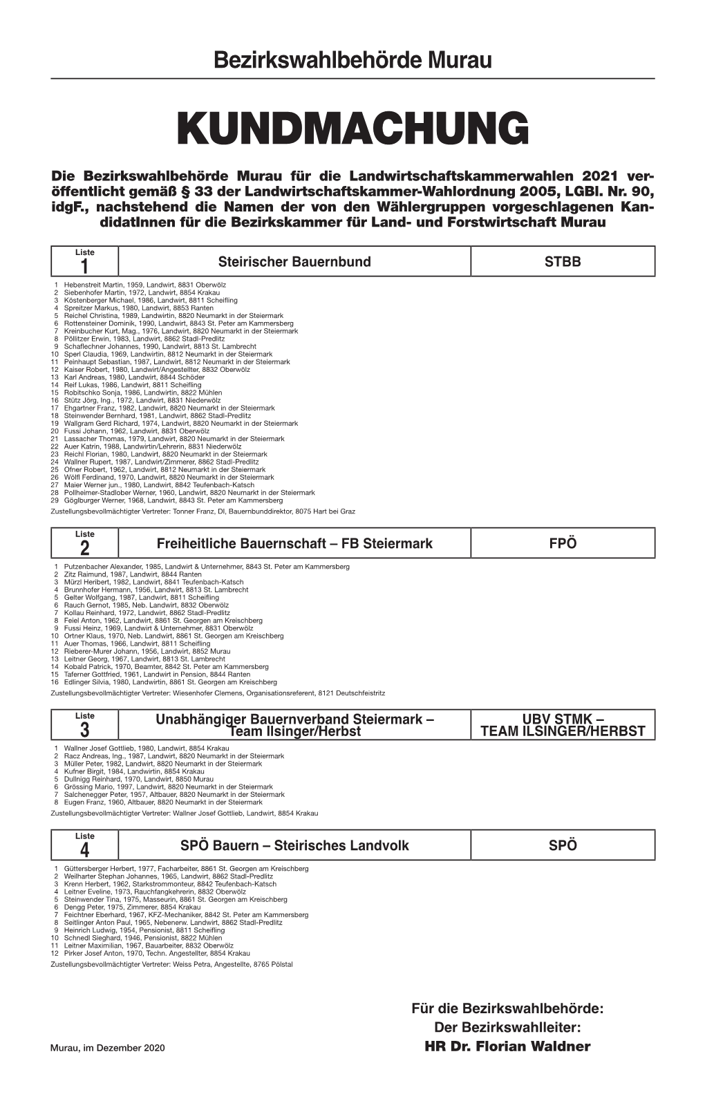 Bezirkswahlbehörde Murau KUNDMACHUNG