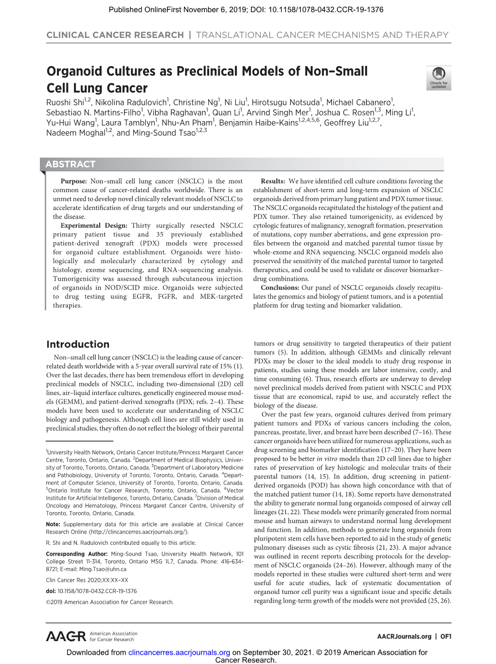 Organoid Cultures As Preclinical Models of Non–Small Cell Lung