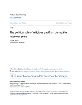 The Political Role of Religious Pacifism During the Inter-War Years