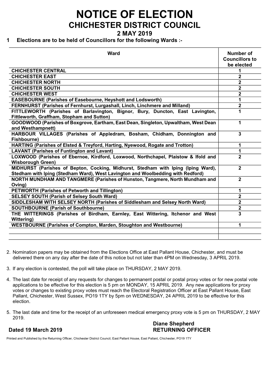 NOTICE of ELECTION CHICHESTER DISTRICT COUNCIL 2 MAY 2019 1 Elections Are to Be Held of Councillors for the Following Wards