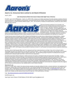 Aaron's, Inc. Announces Gene Lockhart to Join Board of Directors