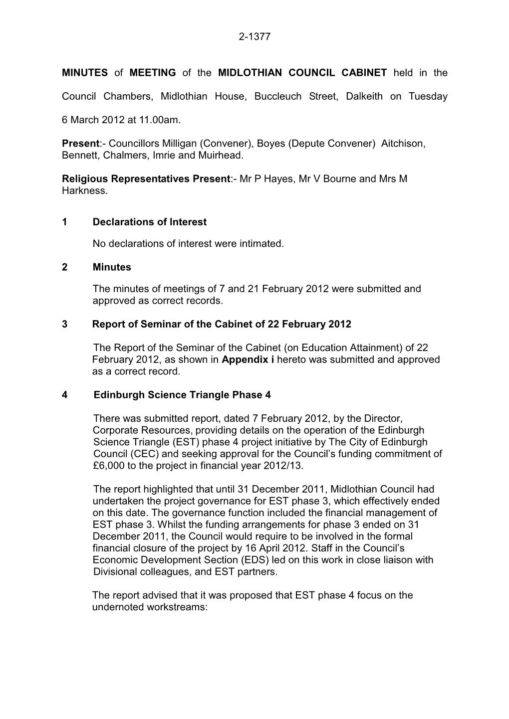 2-1377 MINUTES of MEETING of the MIDLOTHIAN COUNCIL CABINET