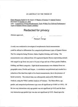 Comparison of Head Morphometric Traits Within Five Selected Performance Types of Quarter Horses(Eguus Cabullus) Redacted for Privacy