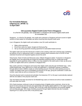 12 April 2021 Citi Launches Digital Credit Cards First in Singapore