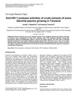 Anti-HIV-1 Protease Activities of Crude Extracts of Some Garcinia Species Growing in Tanzania