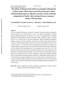 The Effects of Dietary Levels of the Sea Cucumber (Bohadschia Ocellata