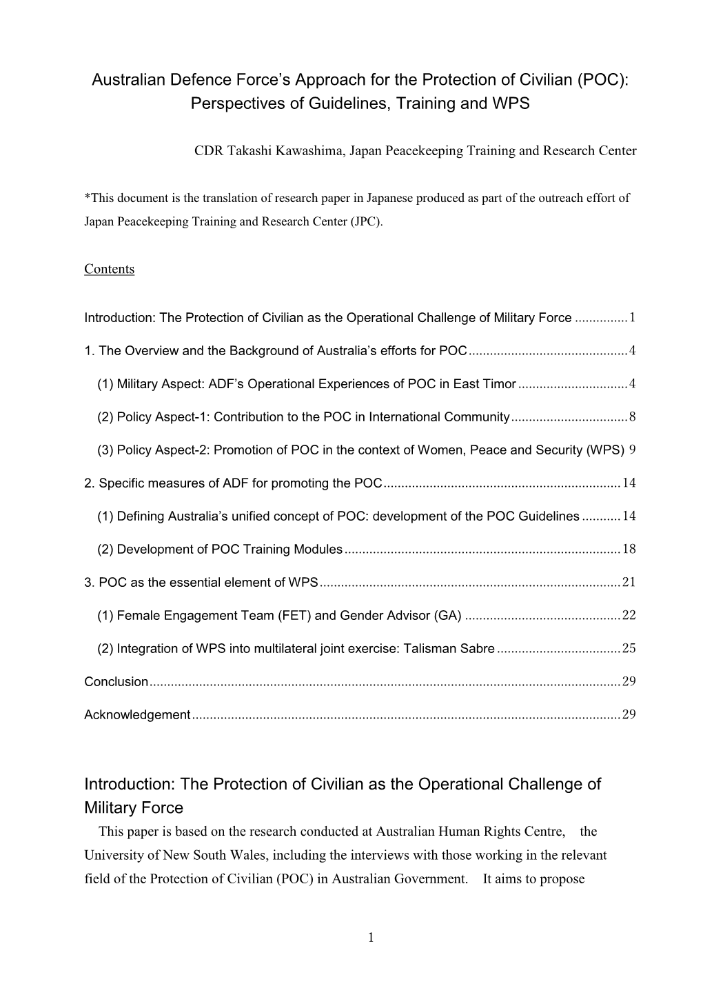 Australian Defence Force's Approach for the Protection of Civilian (POC): Perspectives of Guidelines, Training and WPS Introd