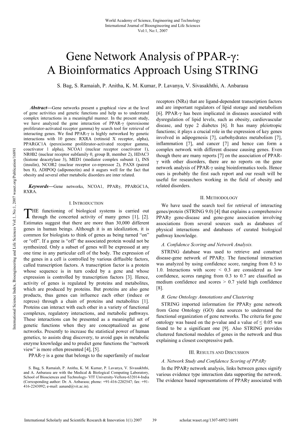 Gene Network Analysis of PPAR-Γ: a Bioinformatics Approach Using STRING