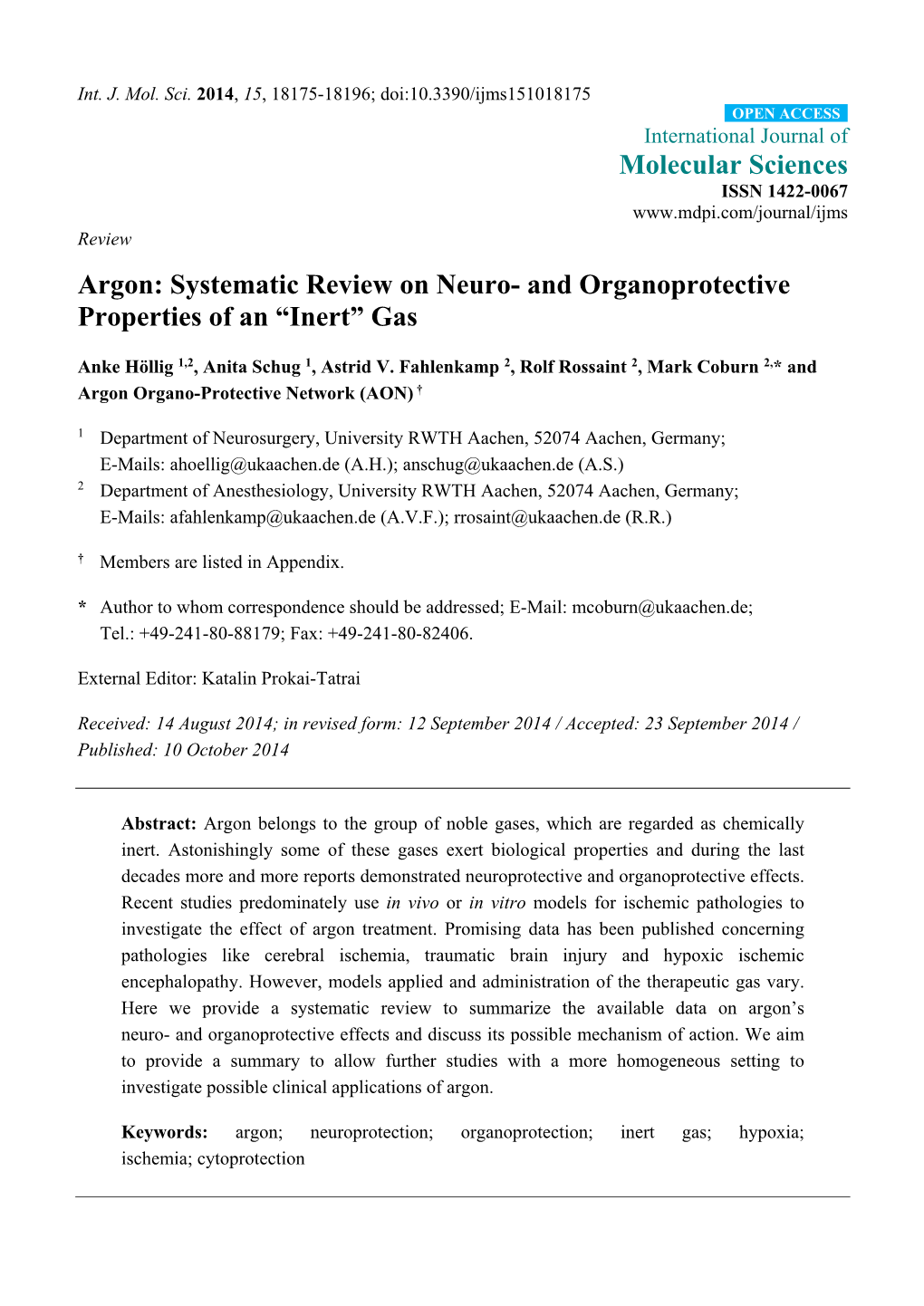 Argon: Systematic Review on Neuro- and Organoprotective Properties of an “Inert” Gas