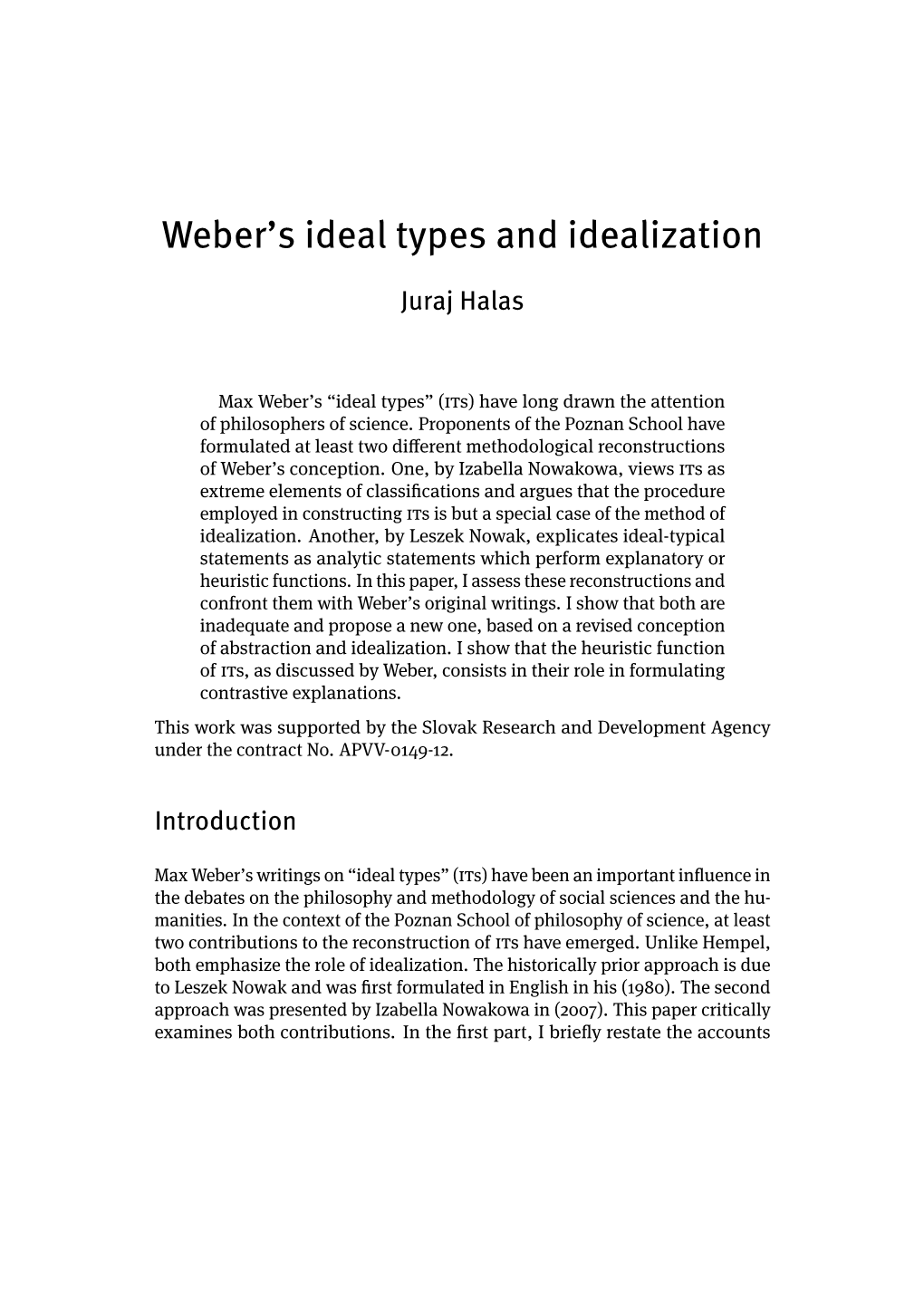 Weber's Ideal Types and Idealization