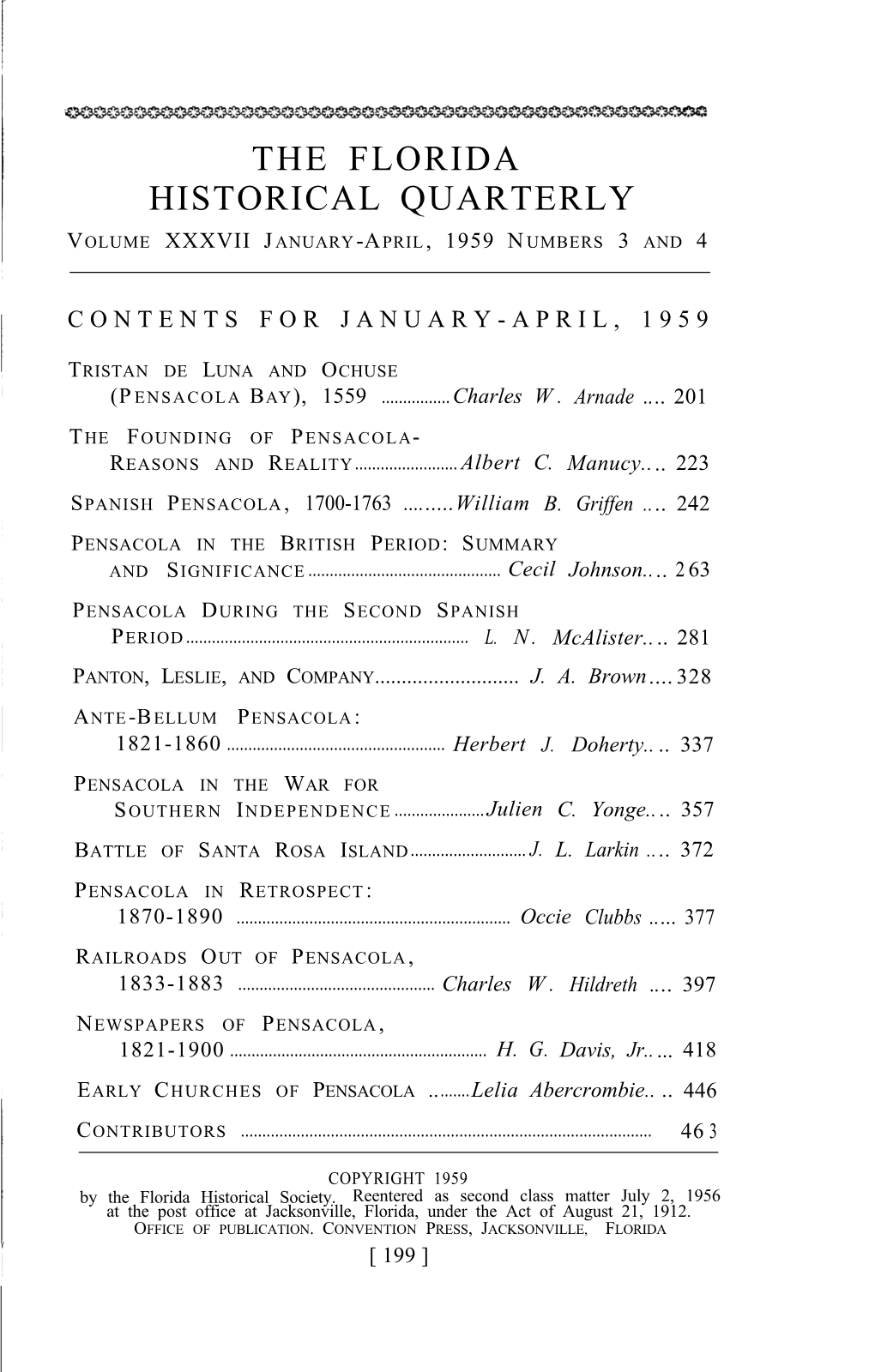 The Florida Historical Quarterly Volume Xxxvii January-April, 1959 Numbers 3 and 4