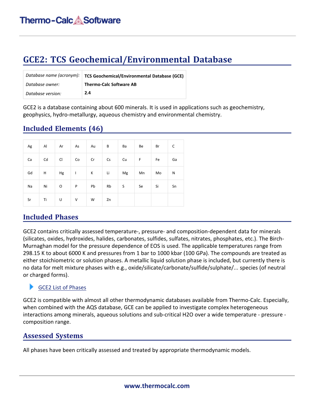 GCE2 Database Information