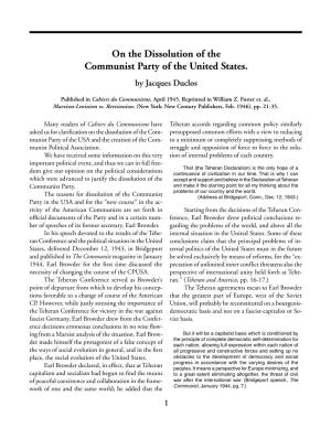 On the Dissolution of the Communist Party of the United States. by Jacques Duclos