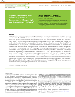 Superior Therapeutic Index of Calmangafodipir in Comparison to Mangafodipir As a Chemotherapy Adjunct