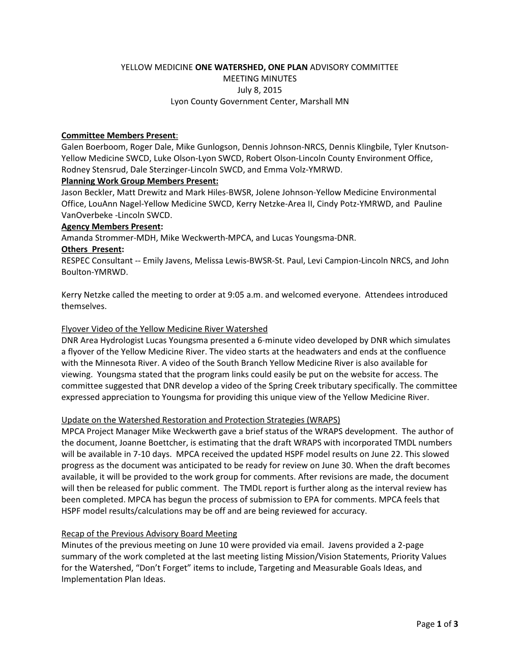 Page 1 of 3 YELLOW MEDICINE ONE WATERSHED, ONE PLAN