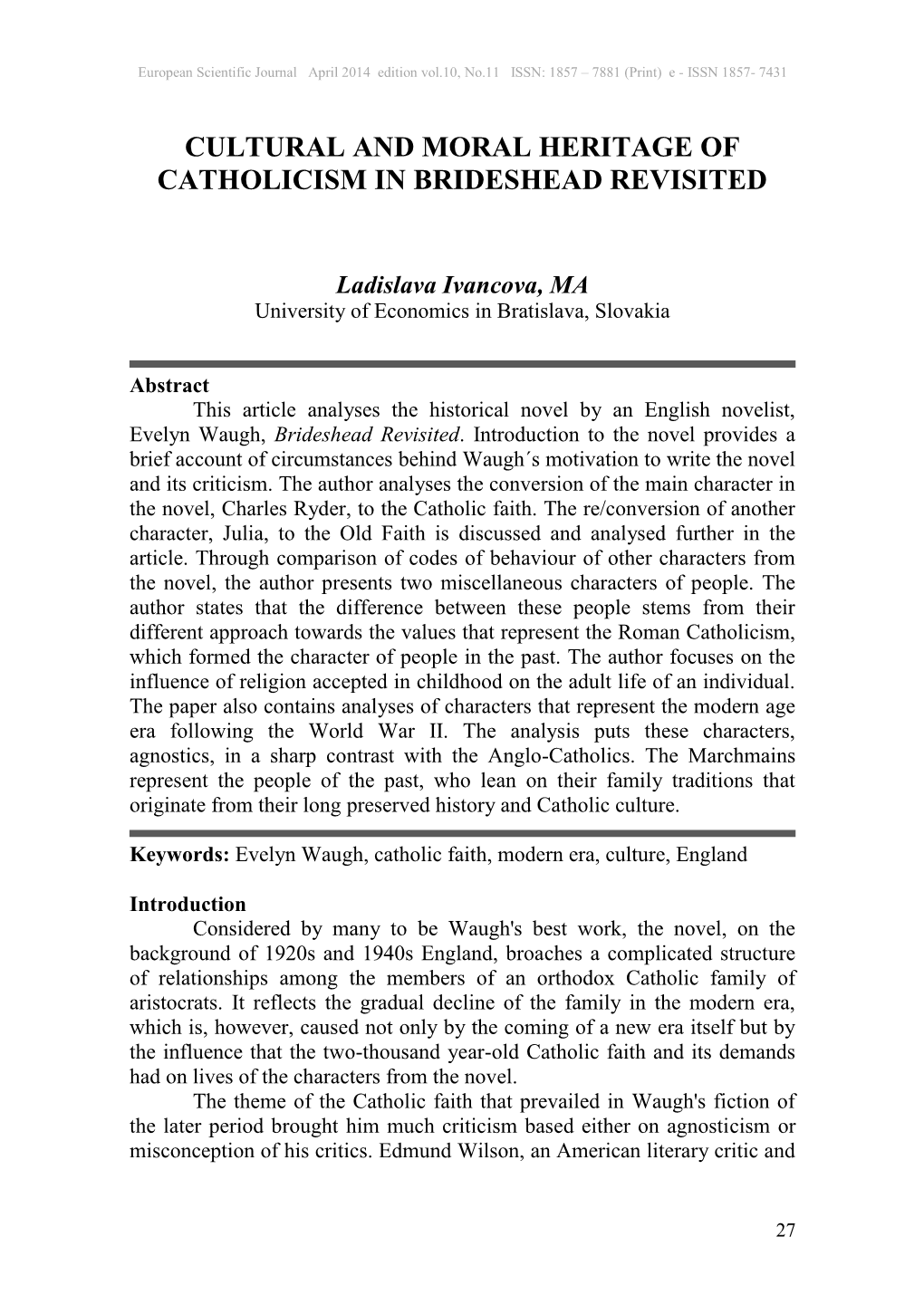 Cultural and Moral Heritage of Catholicism in Brideshead Revisited