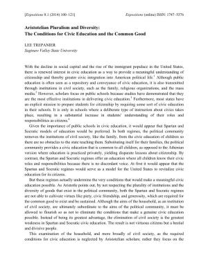 Aristotelian Pluralism and Diversity: the Conditions for Civic Education and the Common Good