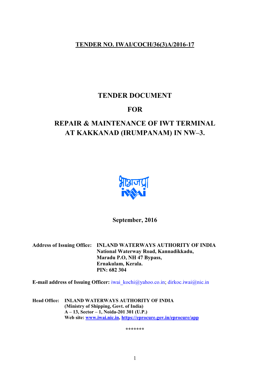 Tender Document for Repair & Maintenance of Iwt Terminal at Kakkanad (Irumpanam) in Nw–3