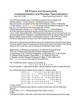 E8 Physics and Quasicrystals Icosidodecahedron and Rhombic Triacontahedron Vixra 1301.0150 Frank Dodd (Tony) Smith Jr