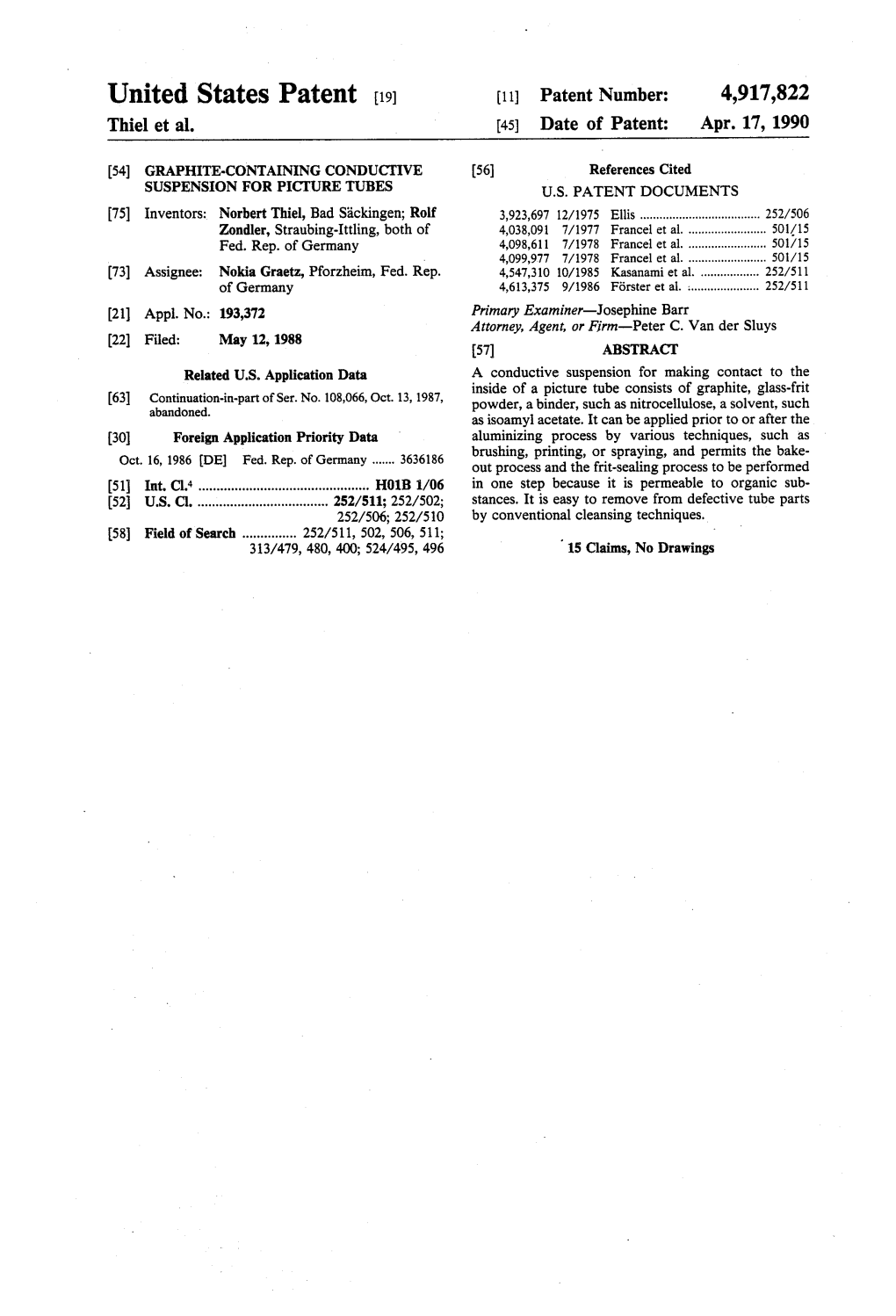 United States Patent (19) 11 Patent Number: 4,917,822 Thiel Et Al