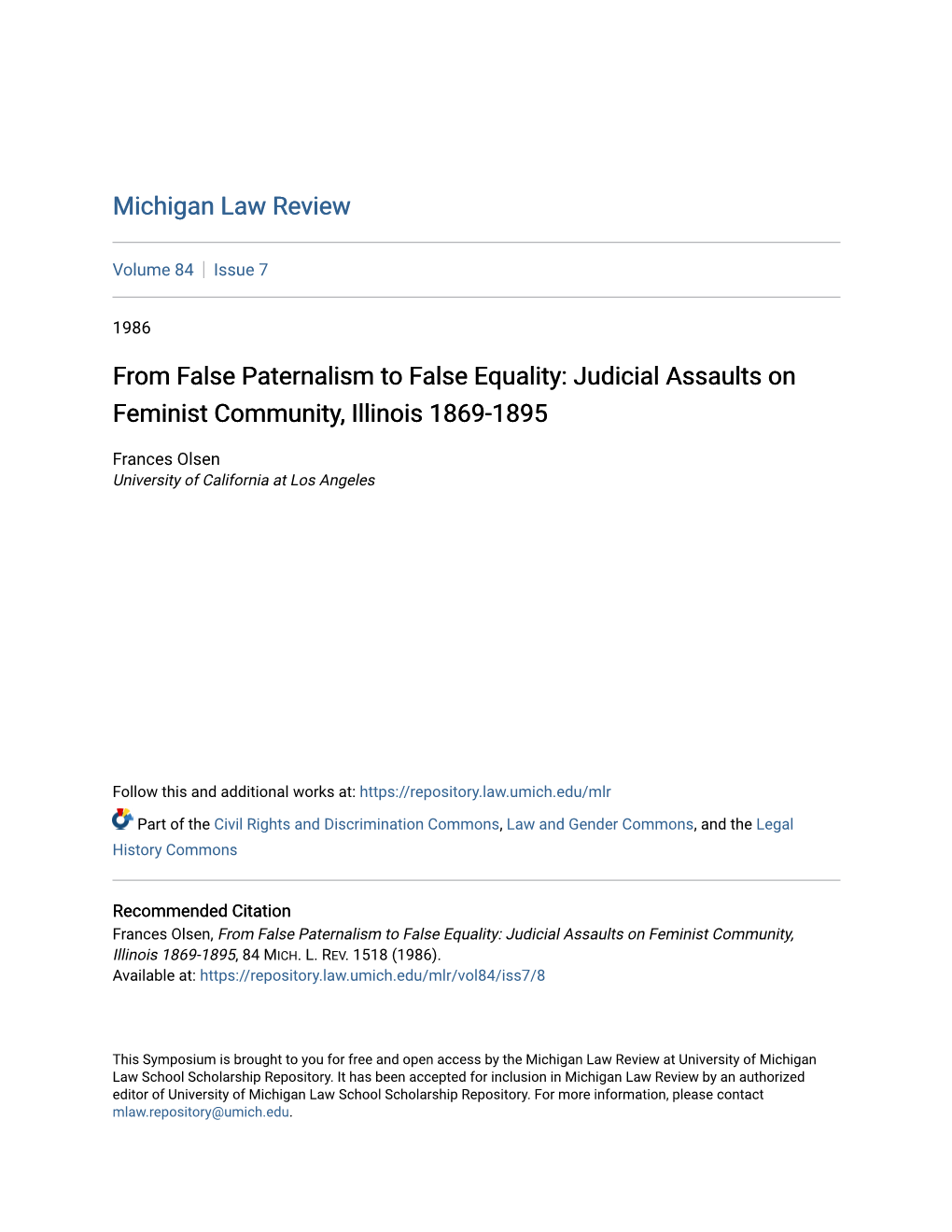 From False Paternalism to False Equality: Judicial Assaults on Feminist Community, Illinois 1869-1895