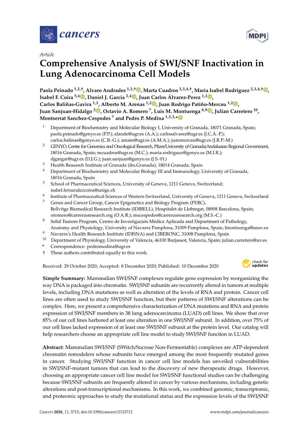 Comprehensive Analysis of SWI/SNF Inactivation in Lung Adenocarcinoma Cell Models