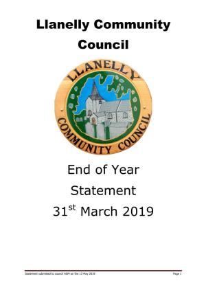 Llanelly Community Council End of Year Statement 31 March 2019