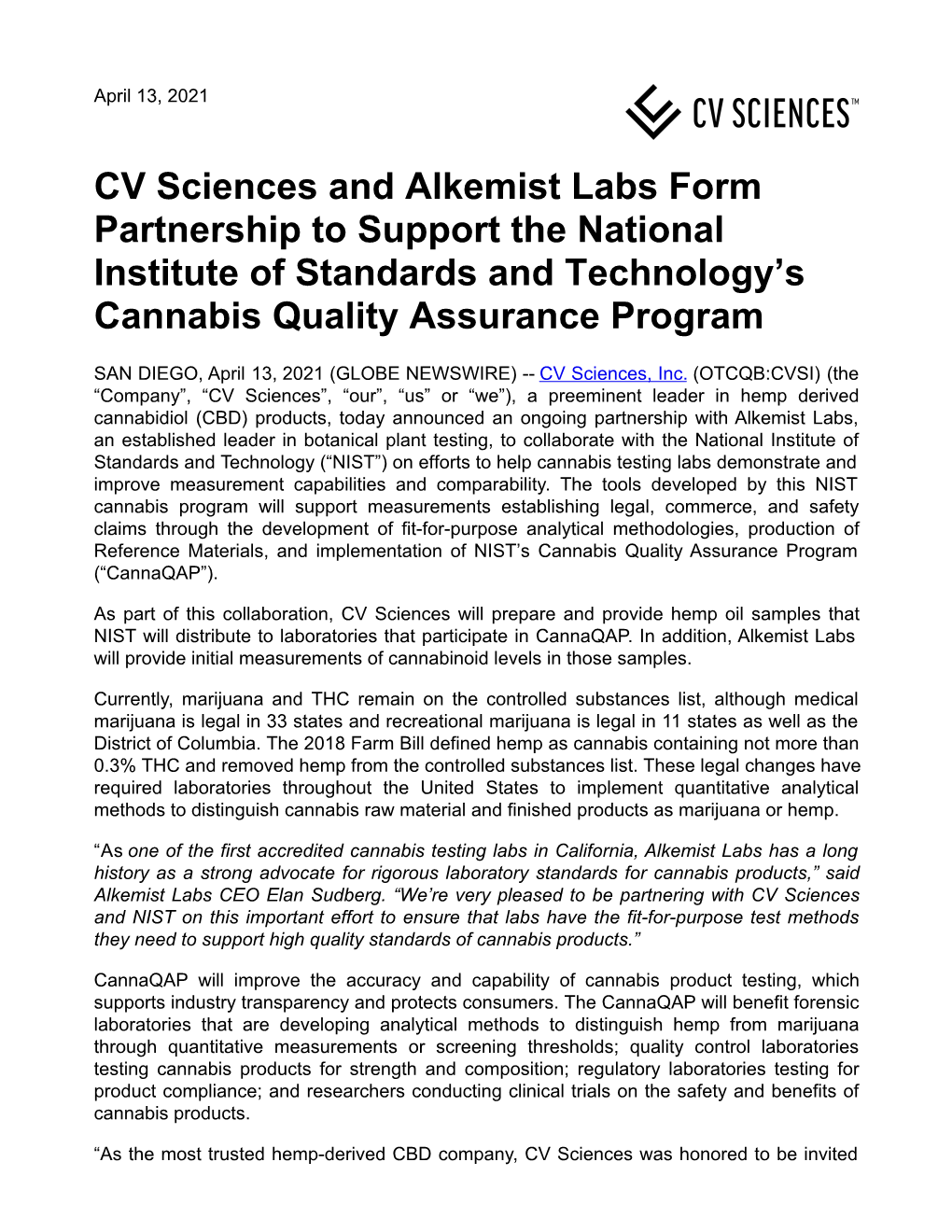 CV Sciences and Alkemist Labs Form Partnership to Support the National Institute of Standards and Technology's Cannabis Qualit