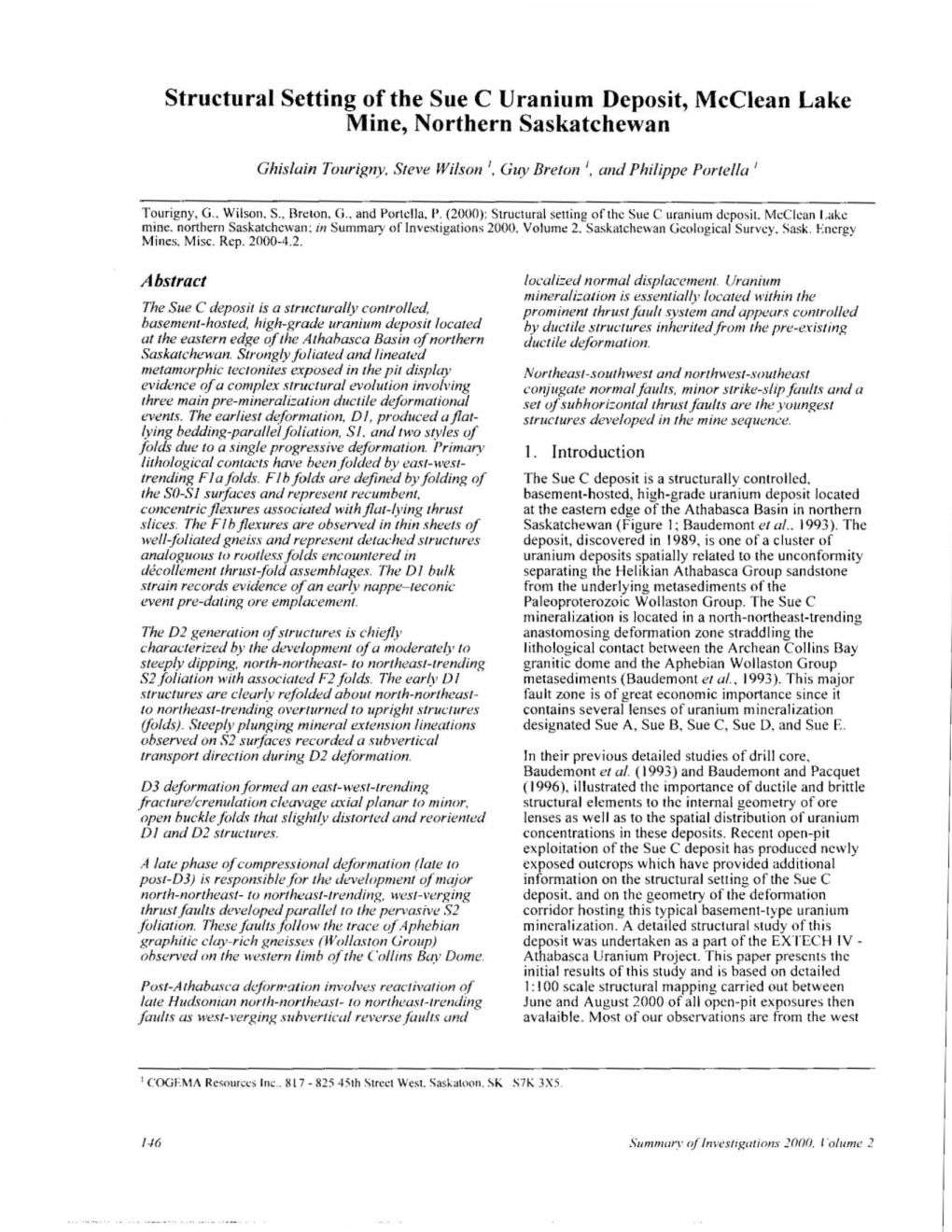 Structural Setting of the Sue C Uranium Deposit, Mcclean Lake Mine, Northern Saskatchewan