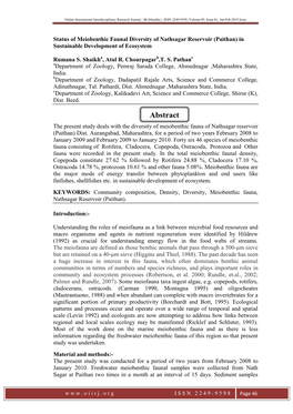 Abstract the Present Study Deals with the Diversity of Meiobenthic Fauna of Nathsagar Reservoir (Paithan) Dist