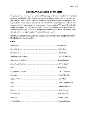 Shrek Jr. Cast and Crew List!