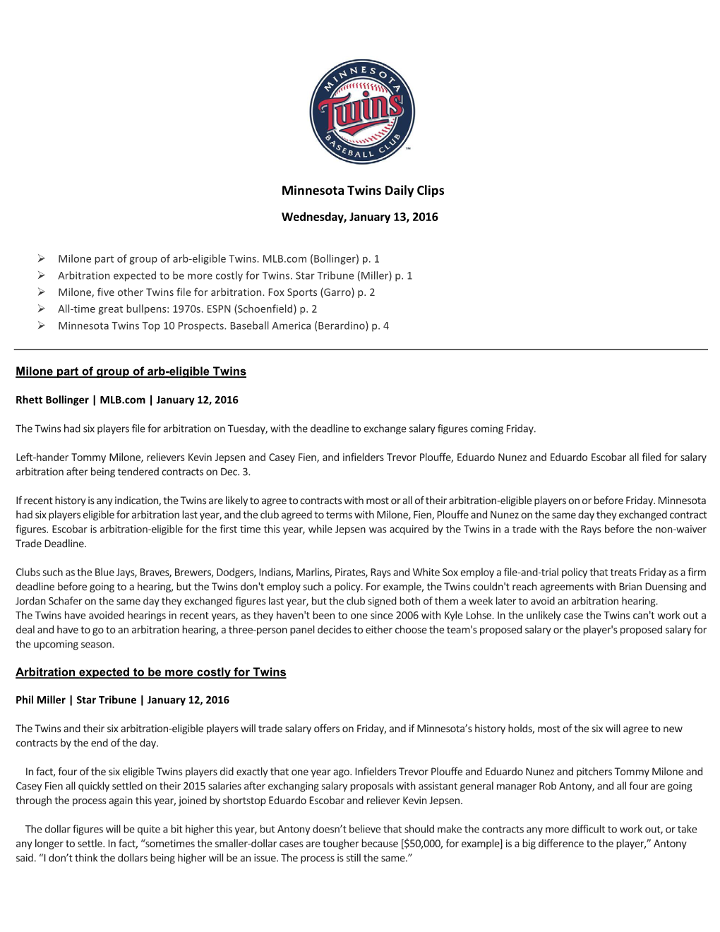 Minnesota Twins Daily Clips Wednesday, January 13, 2016